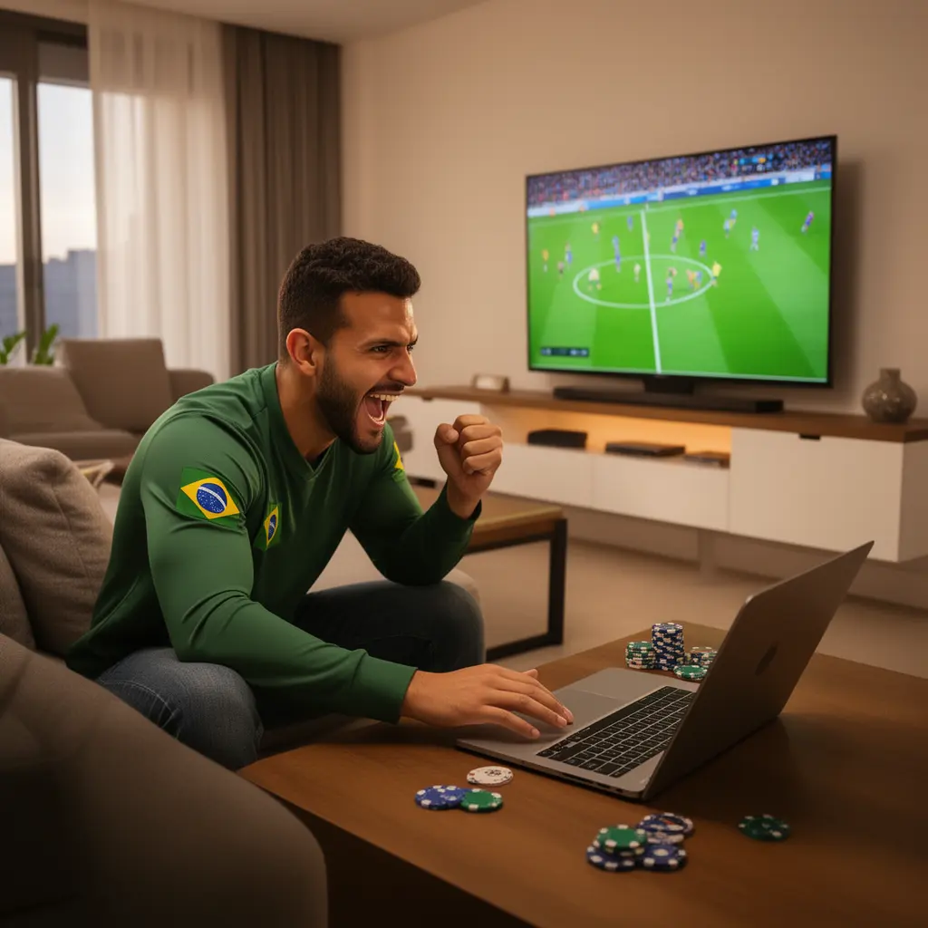 Jogador de cassino confiante segurando pilhas de fichas em um ambiente de jogo iluminado por neon, mostrando a atmosfera emocionante do cassino online XDXD para o Brasil Apostas XDXD – Experimente a emoção das apostas esportivas ao vivo no Brasil