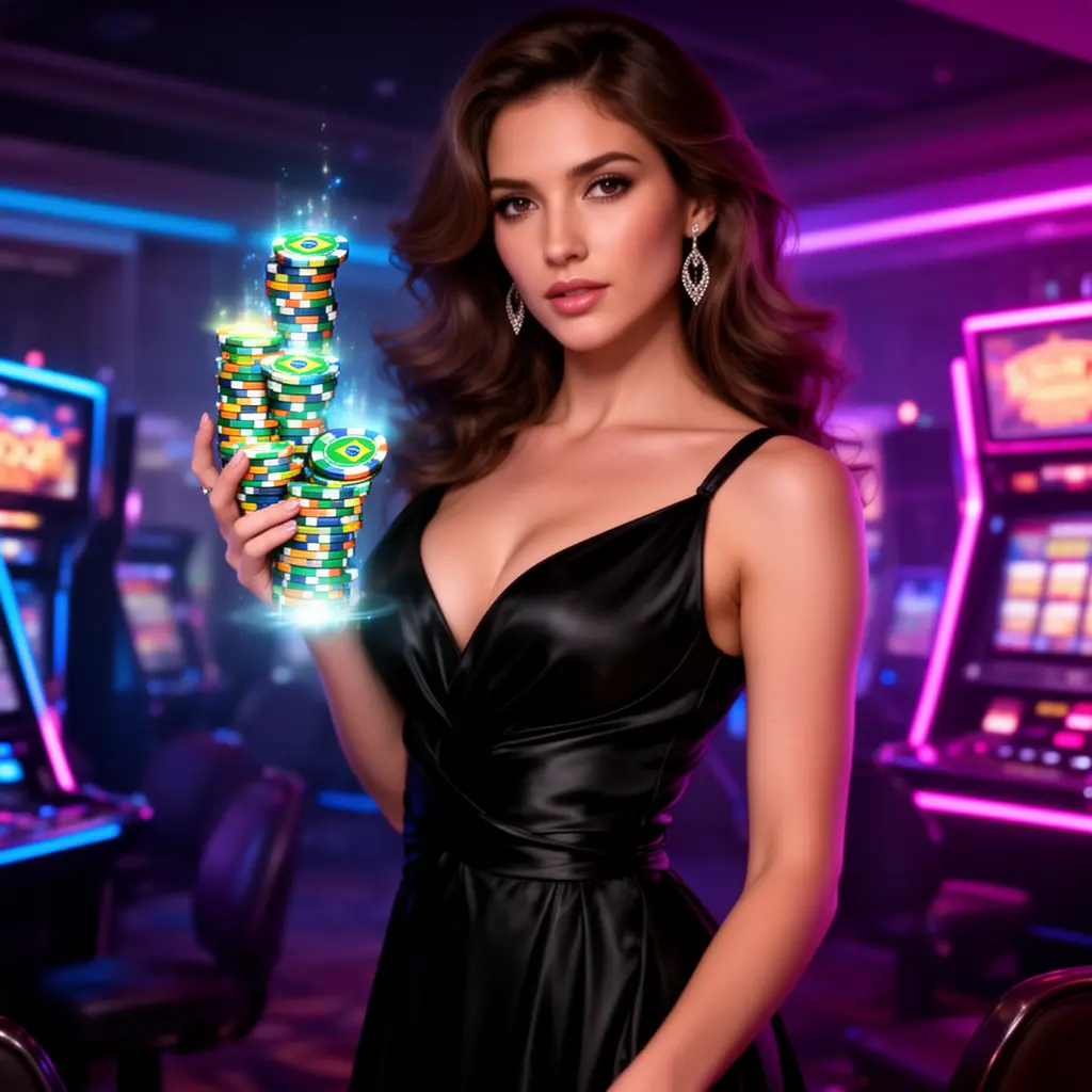Elegante mulher brasileira em um vestido de noite sofisticado jogando em uma máquina caça-níqueis brilhante com símbolos de cereja em uma atmosfera de cassino de luxo na XDXD Brasil Cassino XDXD – Experimente a emoção dos jogos de altas apostas no Brasil
